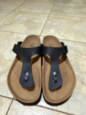 Papillio Black Leather Thong Sandals with Tan Footbed